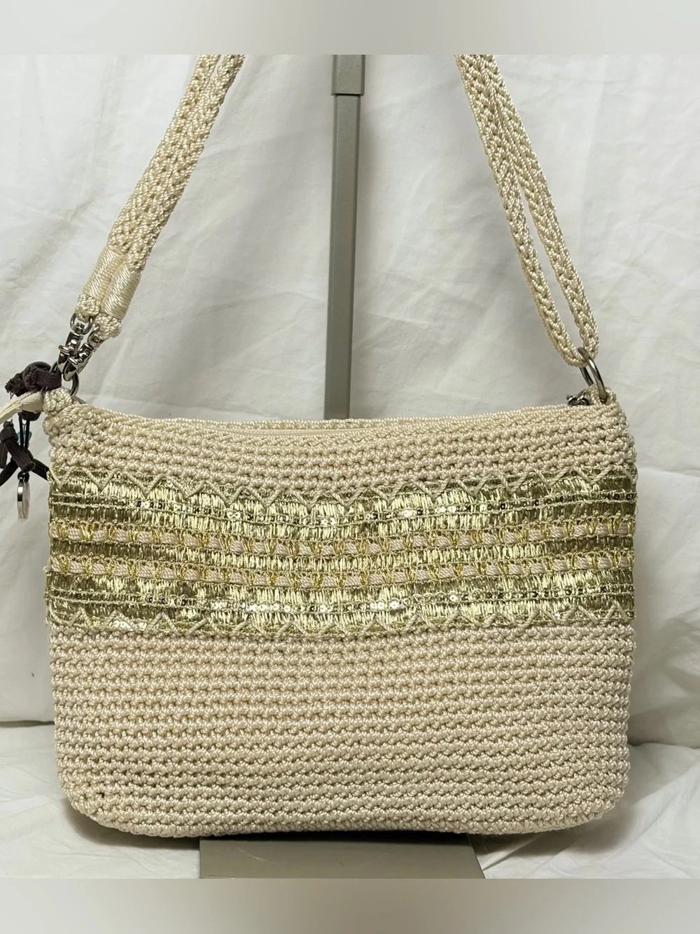 The Sak Cream Crochet Shoulder Bag Gold Sequin Accents – NWOT